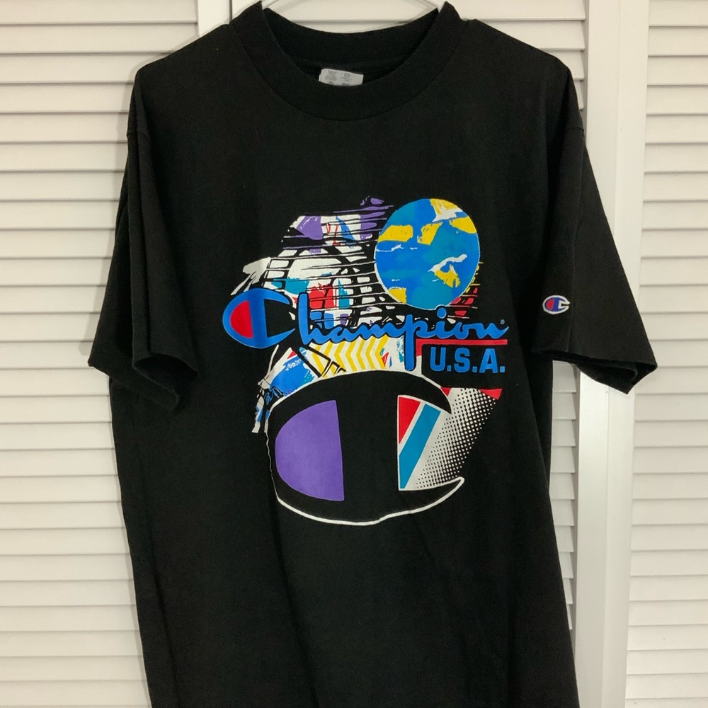 Vintage Champion Black Graphic T-Shirt large